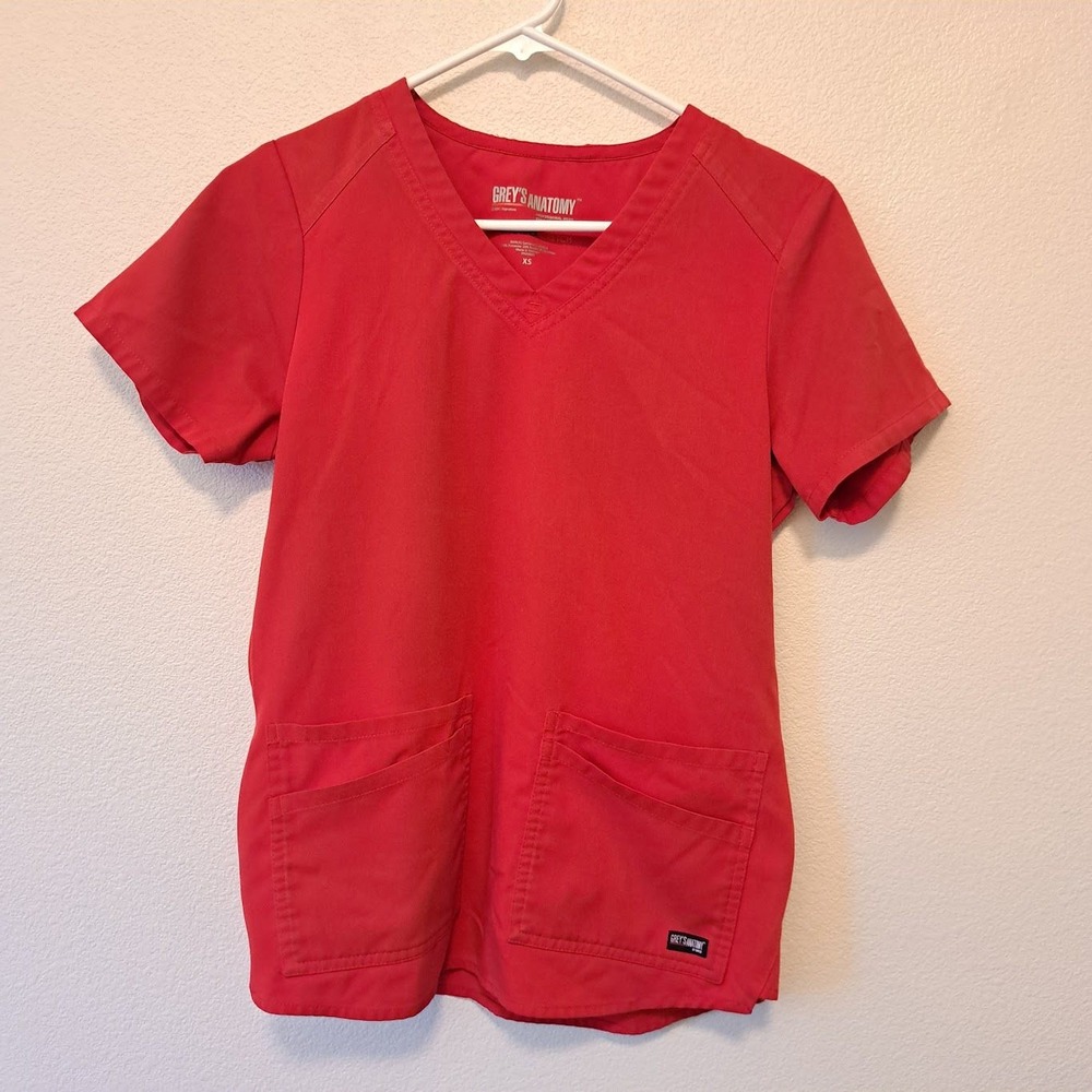 Greys Anatomy by Barco Spandex Stretch Scrub Top Red V-Neck Side Zip XS